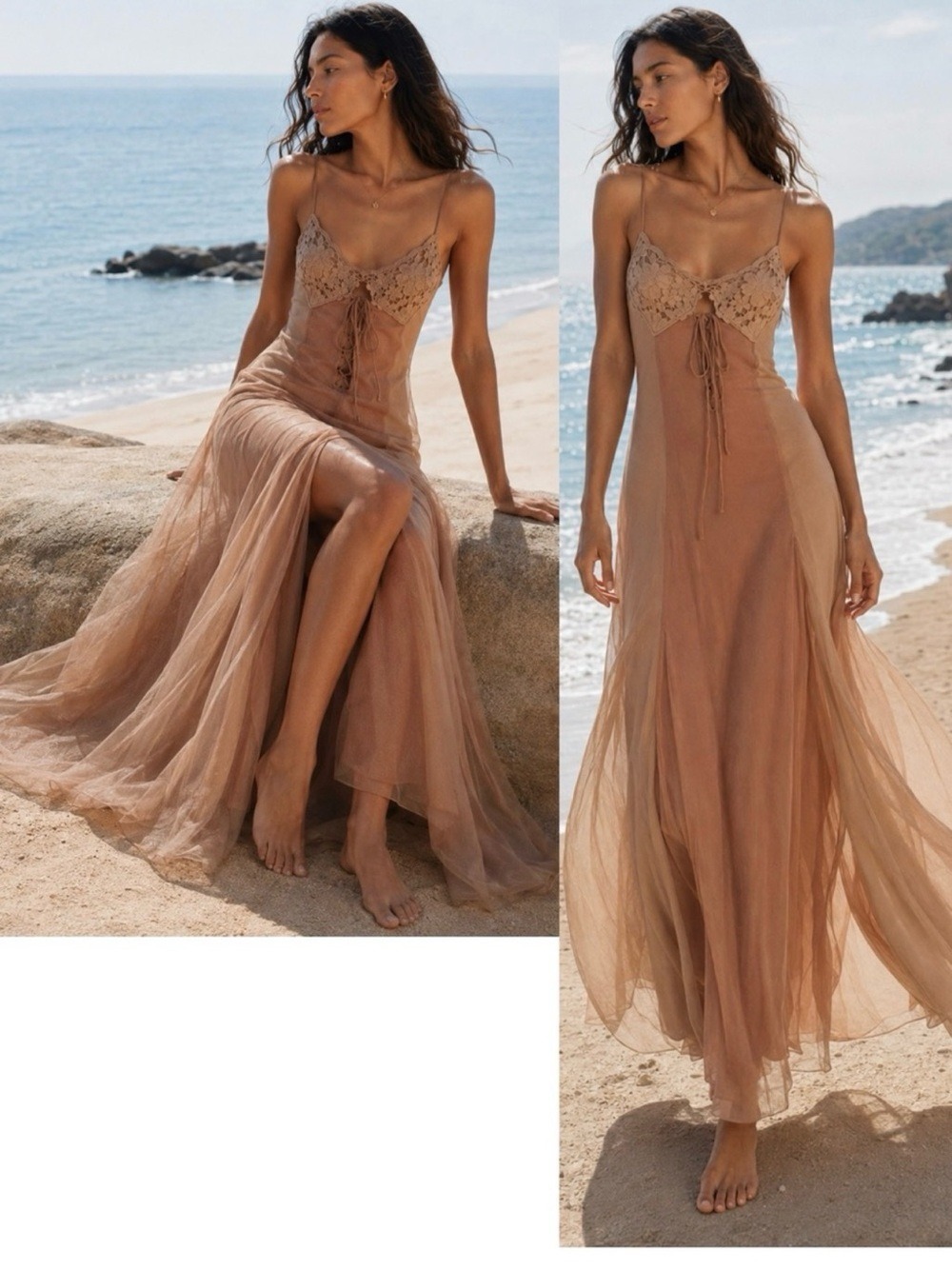 ZARA Lace Bust Sheer Maxi Dress Taupe Brown Size M NWT Resort Beach Boho